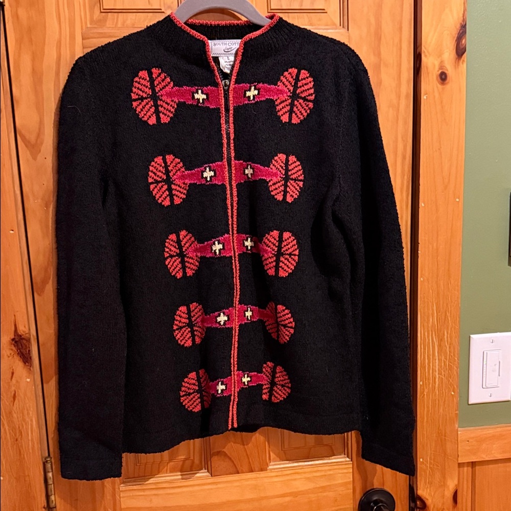 South Cotton Light Elegant Black and Red Cardigan Sweater, Size L